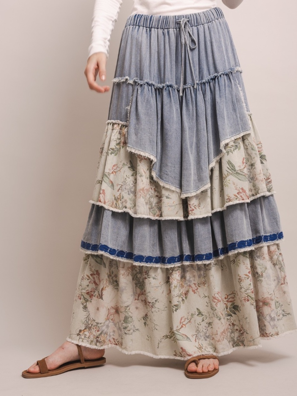 Bluevelvet Stretchy Waist Light Denim Floral Print Layered Maxi Skirt